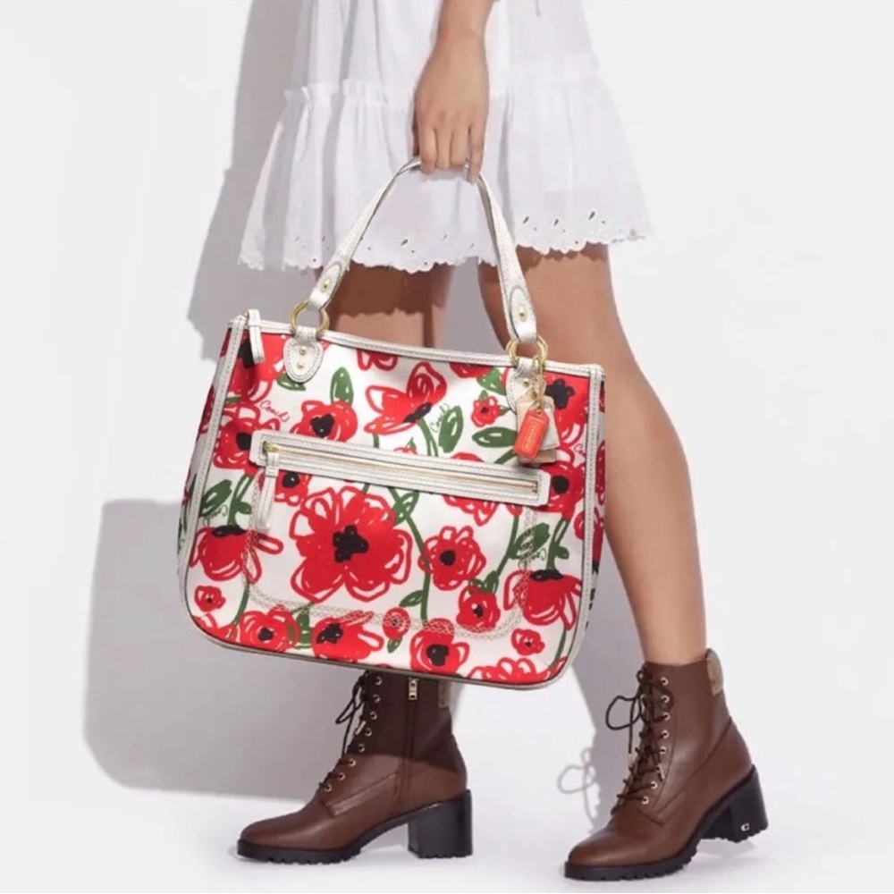 Coach Red Poppy East West Hallie Floral Shoulder Bag